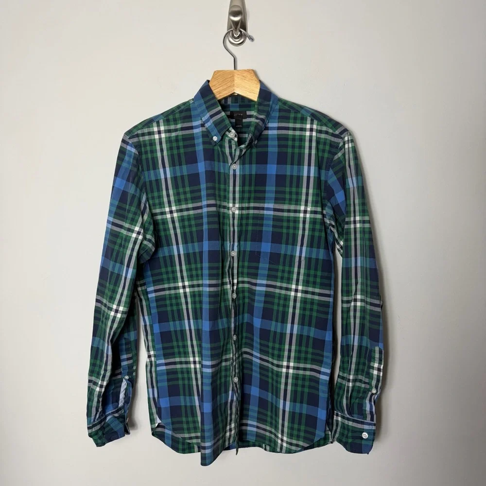 J. Crew Plaid Button Up Long Sleeve Slim Cotton Blue Green Size Medium *12